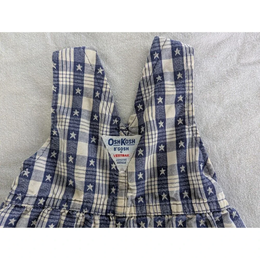 Vtg 3-6 MO Oshkosh B’Gosh Blue Plaid Star Overalls Vestbak USA Patriotic Cotton